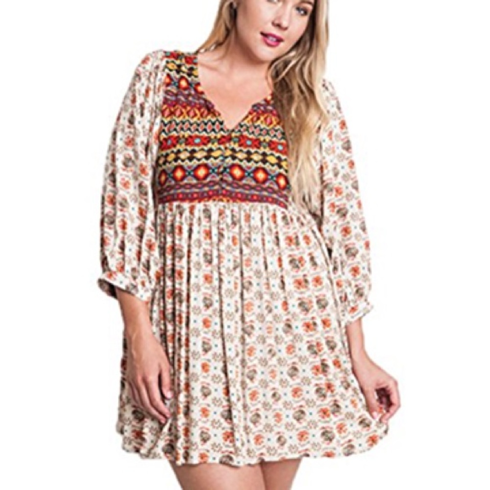 Umgee Boho Mixed Print Peasant Style Tunic Dress